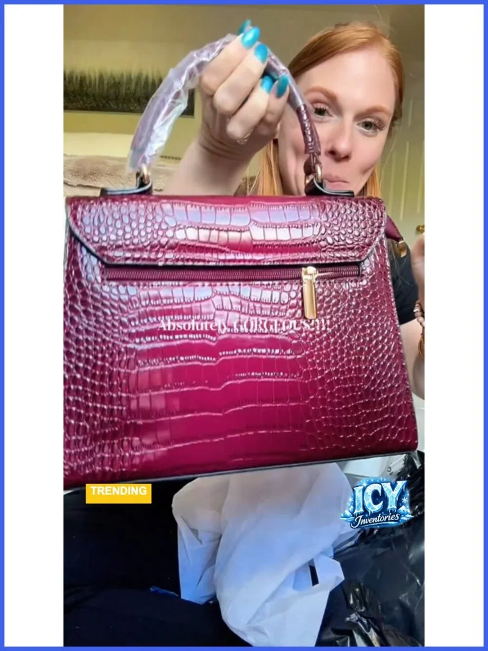Structured Vegan Leather Satchel Handbag with Croc Pattern, Crossbody Bag for